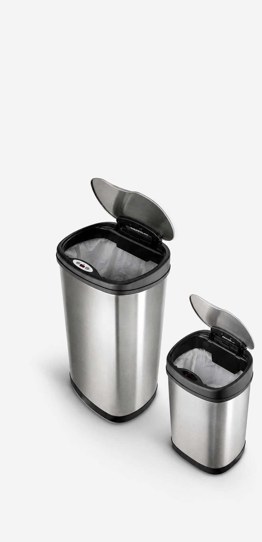 Modern stainless steel motion sensor trash cans with automatic open lids and sleek contemporary design.