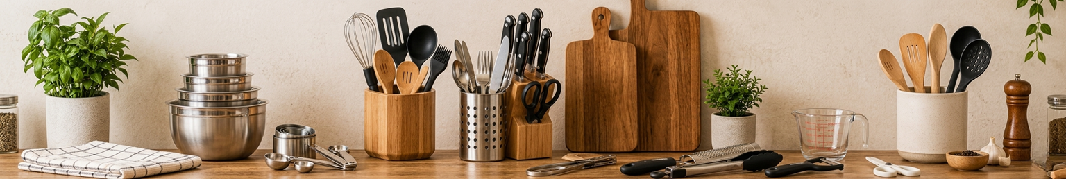 Modern kitchen utensils and cooking tools arranged across a contemporary wooden countertop with cutting boards, knives, measuring tools, and serving accessories