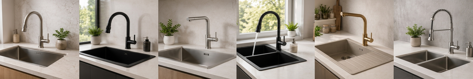 Modern collection of kitchen sinks and contemporary faucets displayed in a wide minimalist showroom arrangement