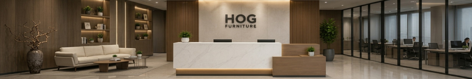 Modern reception desk in a professional corporate lobby featuring contemporary front-office furniture, waiting area seating, and premium workspace design