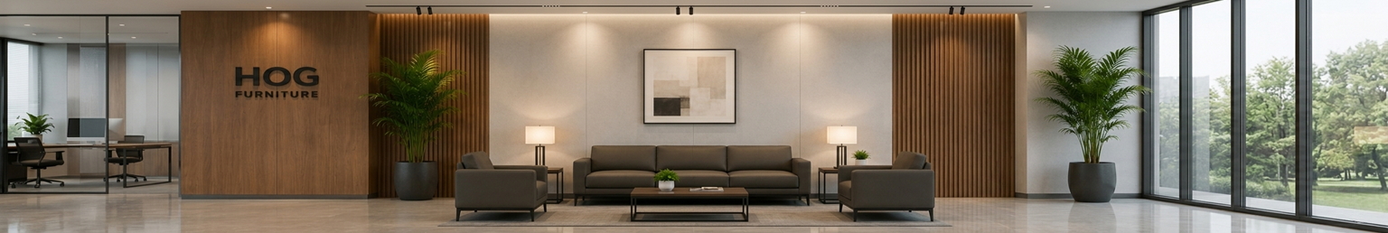 Modern reception waiting area featuring lounge sofas, armchairs, coffee table, side tables, and contemporary visitor seating furniture