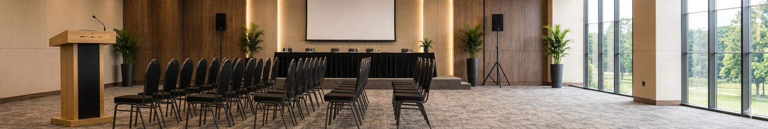 Professional seminar and event venue featuring banquet chairs, folding chairs, presentation podium, auditorium seating, and conference hall furniture