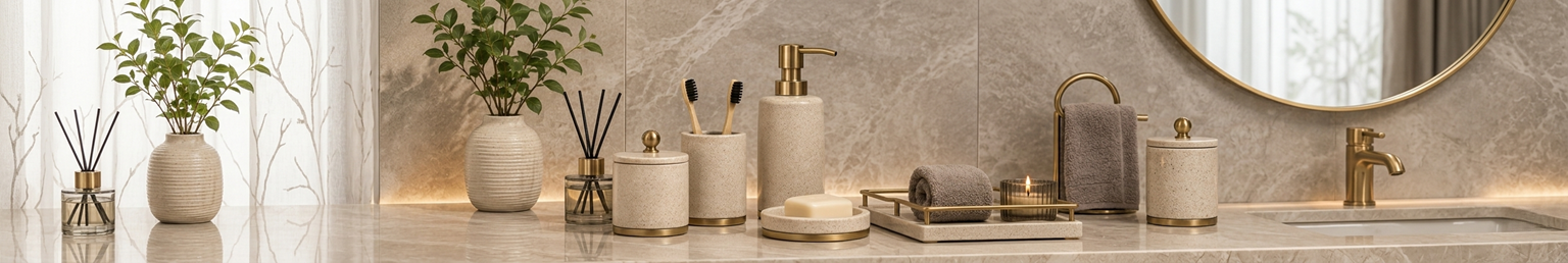 Modern bathroom accessories arranged on a luxury minimalist vanity countertop with gold accents and neutral styling