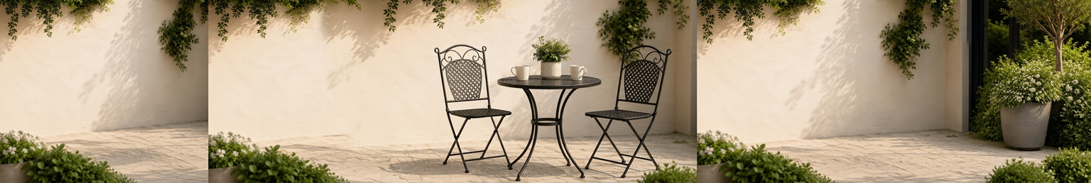 Metal bistro set with outdoor table and chairs on a garden patio