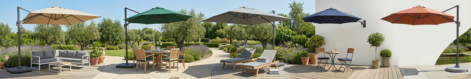 Large cantilever umbrella providing shade over outdoor patio furniture beside a swimming pool