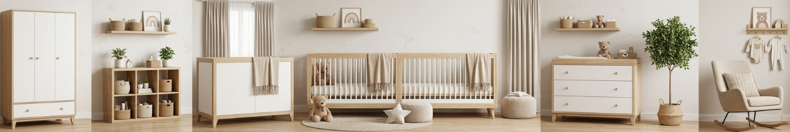Modern kids and nursery room featuring a baby cot, bunk bed, study desk, toy storage and children's furniture in a warm family-friendly setting