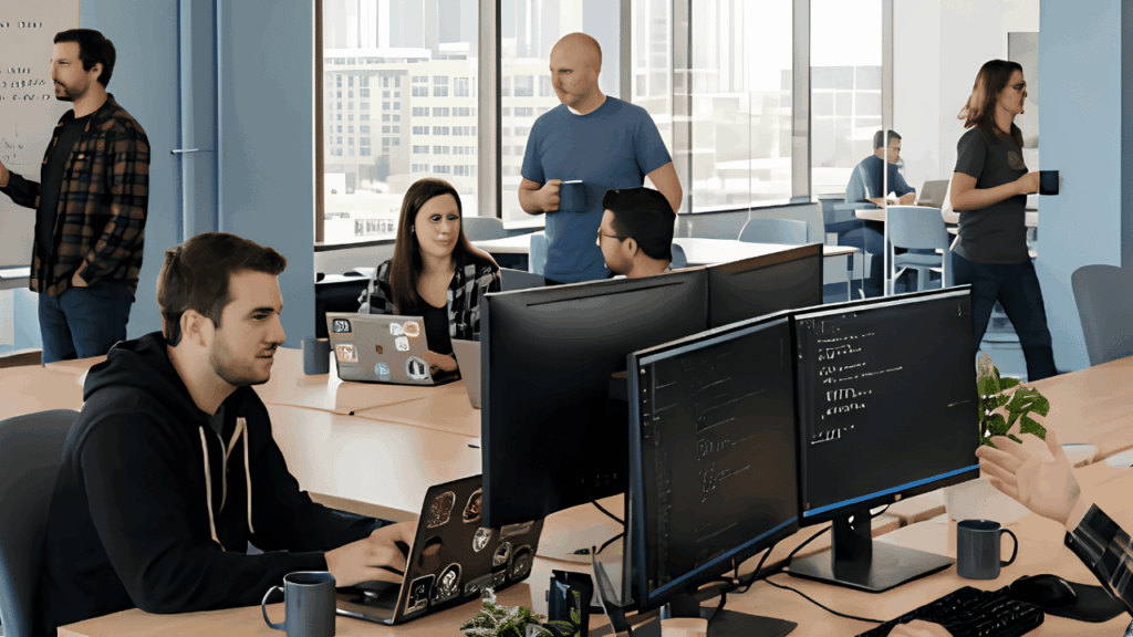 Modern office workspace featuring blue office furniture designed to create a calm environment that supports research, development, focus, and productivity.