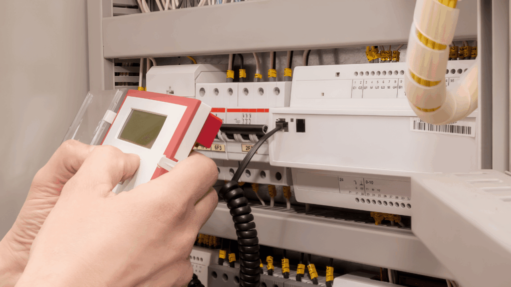 Modern smart home security setup featuring electrical wiring, surveillance technology, smart lighting, and connected home automation systems.