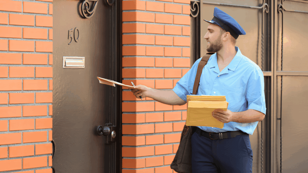 Mail carrier delivering package to the correct home address in a residential area