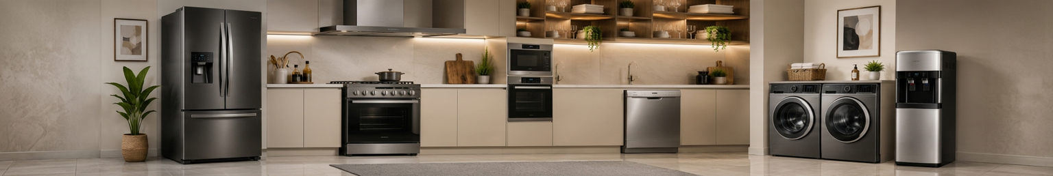 Collection of big appliances including a refrigerator, cooker, washing machine and water dispenser in a modern home setting