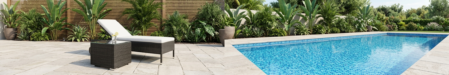 Outdoor rattan lounger with cushion beside a swimming pool on a garden patio