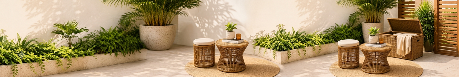 Rattan coffee table, stool and storage box arranged on a stylish garden patio