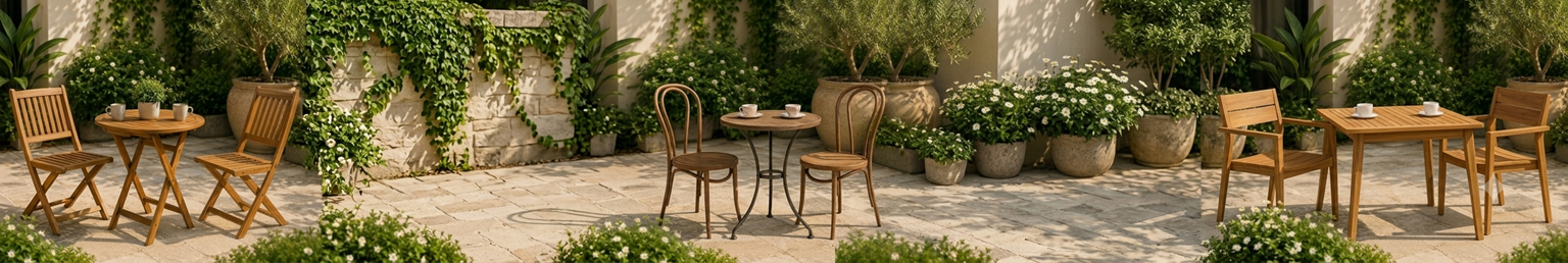 Wooden bistro set with round outdoor table and folding chairs on a garden patio
