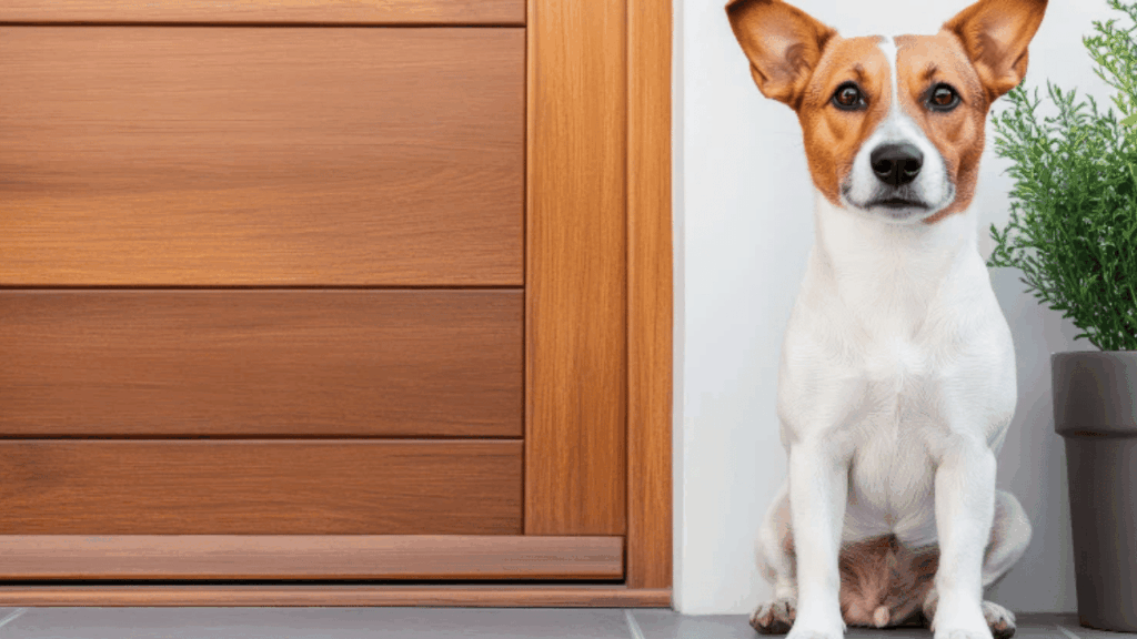 Dog using a pet door to enter a modern home, highlighting the convenience of a pet-friendly living space.