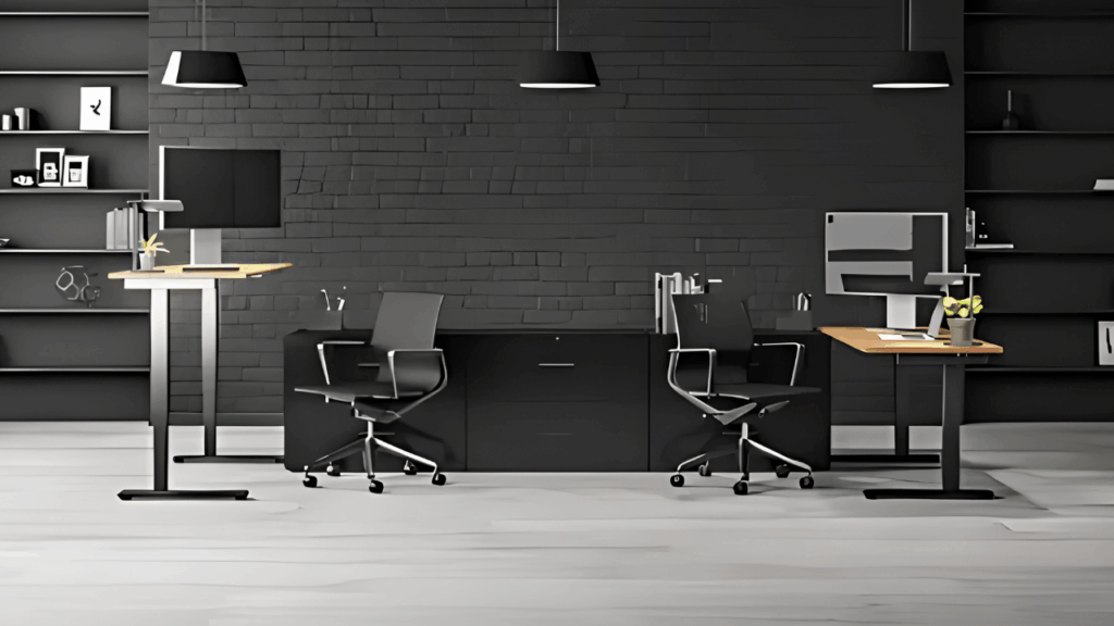 Modern office workspace featuring ergonomic office chair, executive desk, storage cabinets, and contemporary office furniture for a productive workplace.
