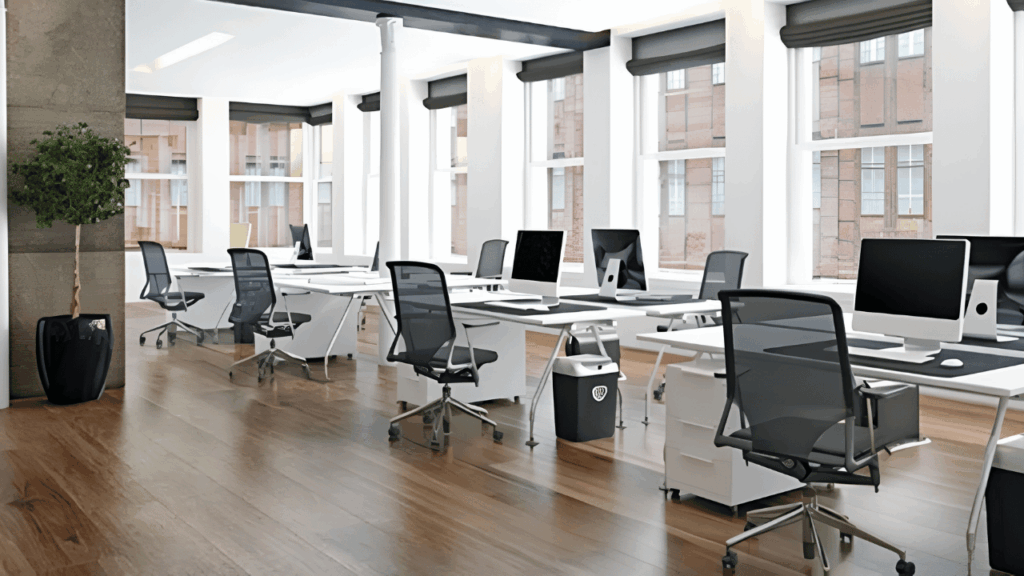 Modern office workspace with ergonomic furniture and efficient plumbing solutions designed for productivity and employee comfort.