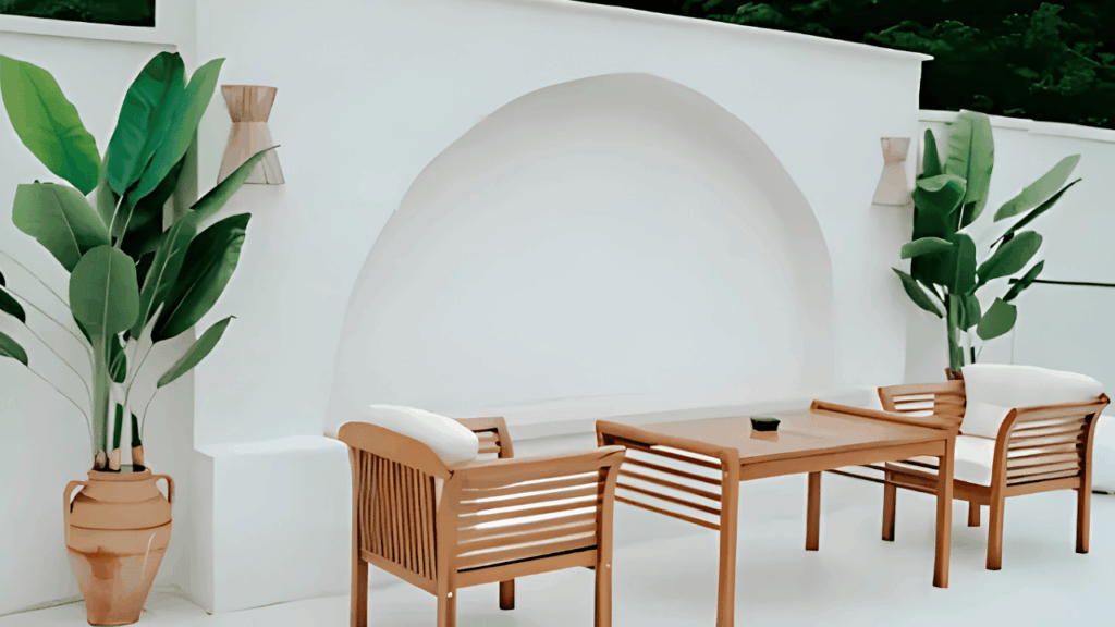 Stylish outdoor furniture set on a modern patio featuring durable seating, elegant tables, and comfortable décor for outdoor living.