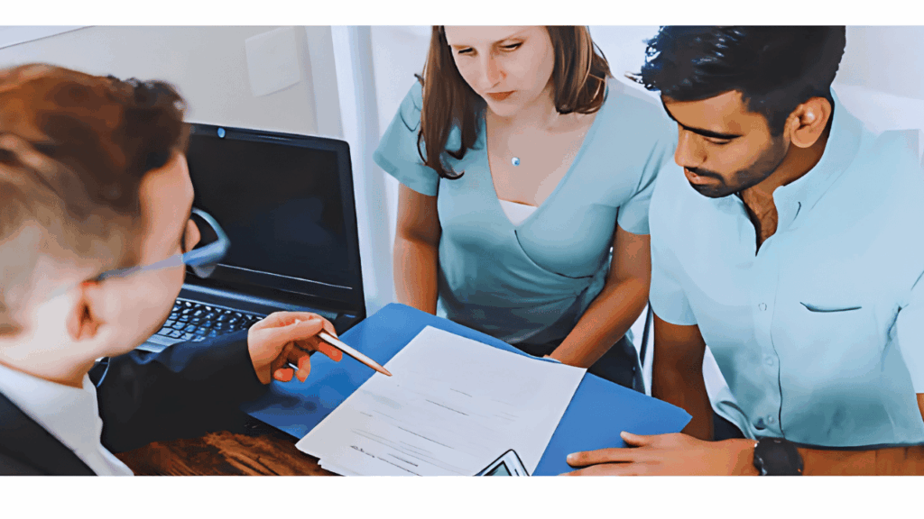 Property buyer consulting a title agency to verify ownership, identify legal issues, and ensure a secure real estate purchase.