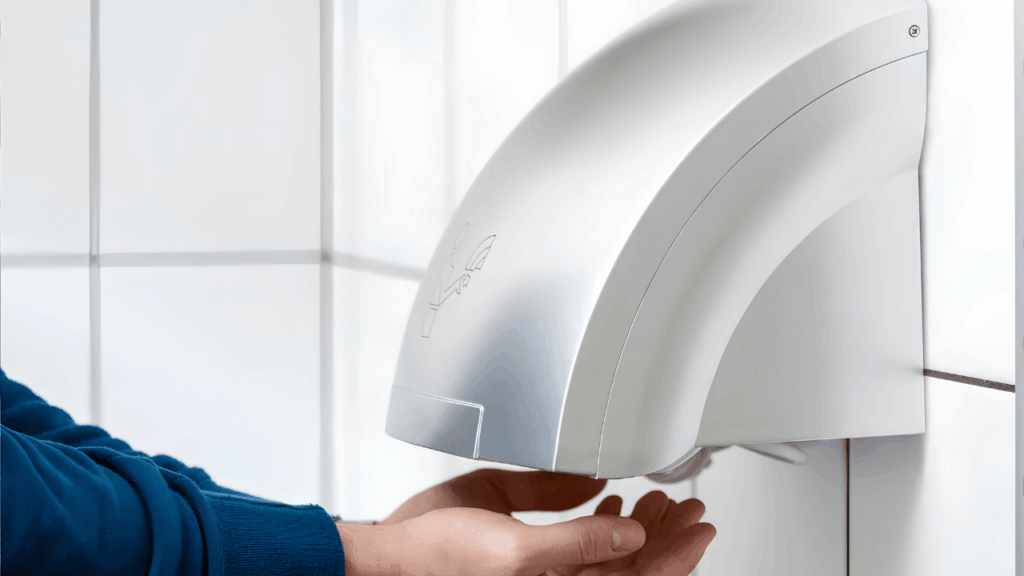 Modern automatic bathroom hand dryer promoting hygienic, eco-friendly, and sustainable hand drying in a public restroom