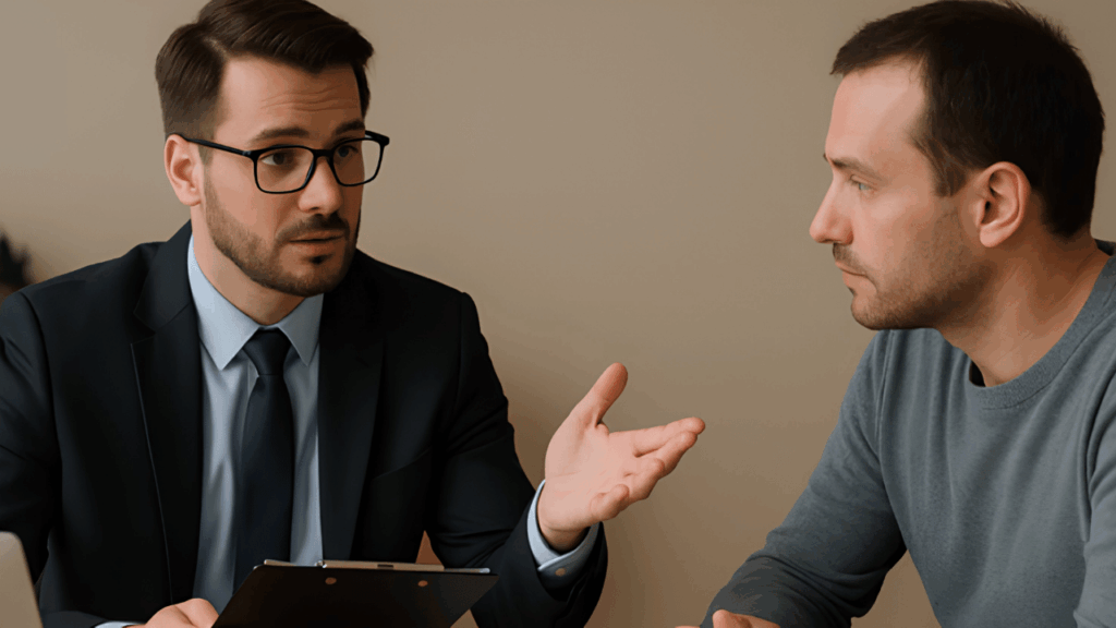 Lawyer consulting with a motor accident victim about filing an insurance or personal injury claim.