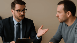 Lawyer consulting with a motor accident victim about filing an insurance or personal injury claim.