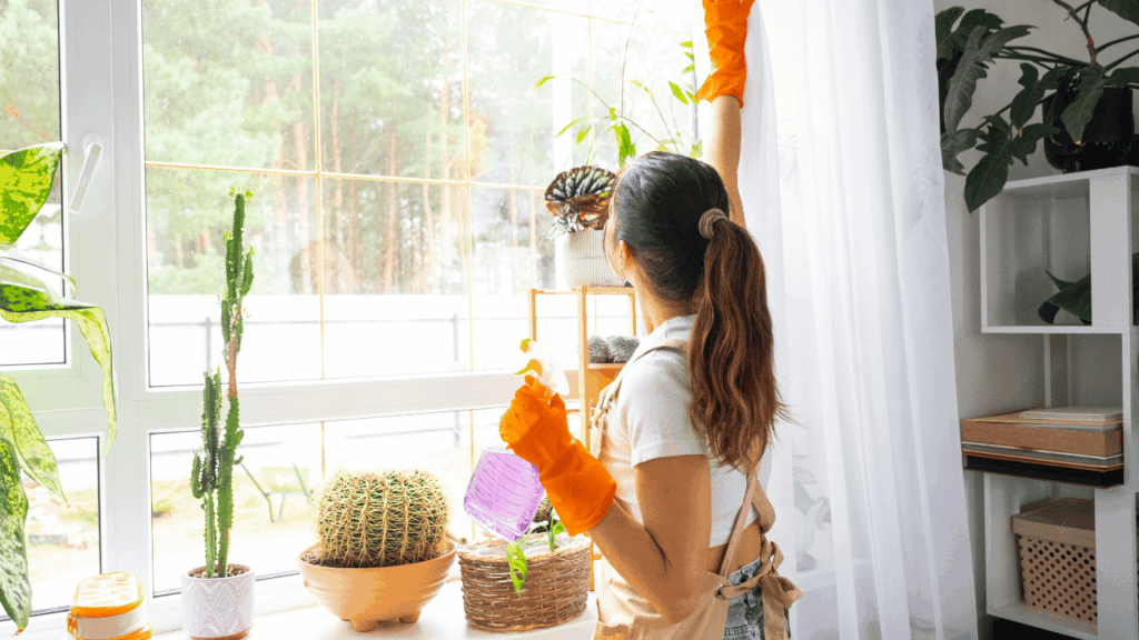 Professional cleaner sanitizing a modern home to improve cleanliness, hygiene, and indoor air quality.