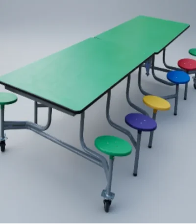 12-Seat Mobile Folding Dining Table – mobile rectangular cafeteria table with twelve attached round stools