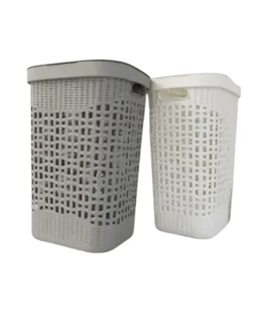 Woven Plastic Laundry Basket with Lid (Grey & White) - front product view