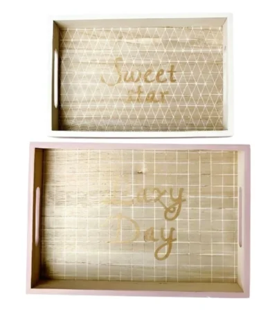 Wooden Serving Tray with Handles - Pink and White - Set of 2 – main product view