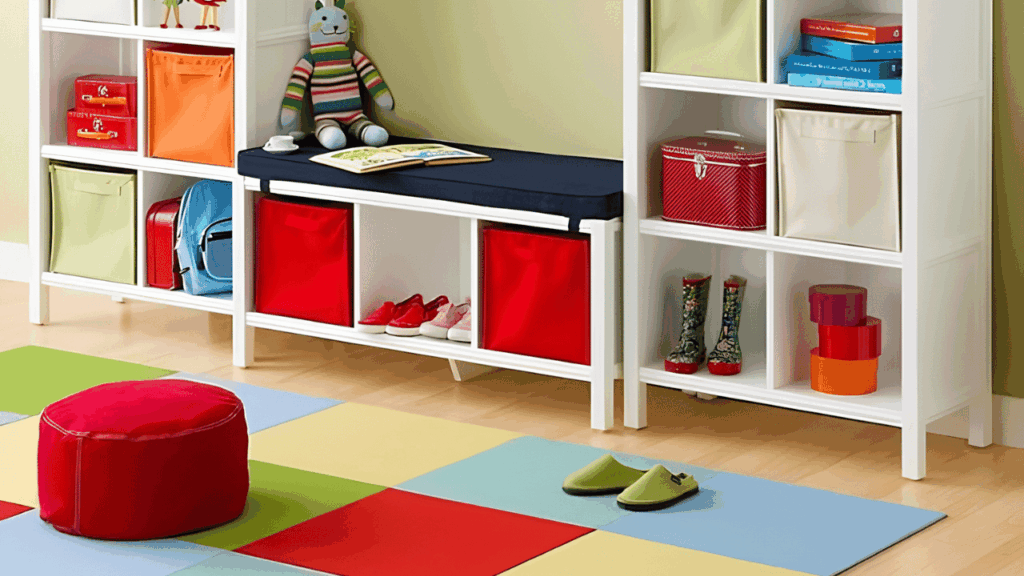 Alt Text: Organized kids' room with storage and furniture