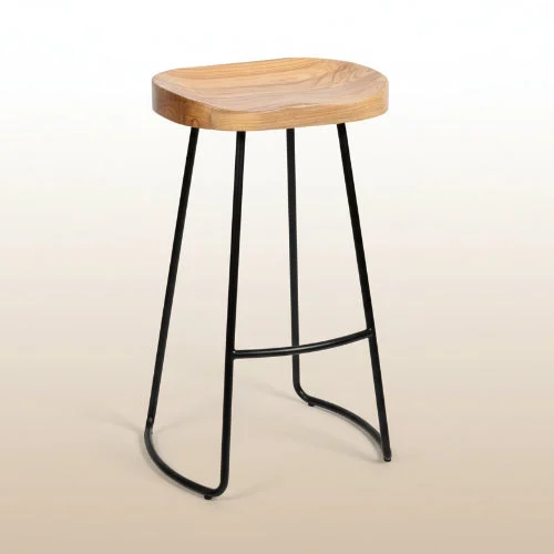 Retro barstool with wooden seat and metal legs - front view