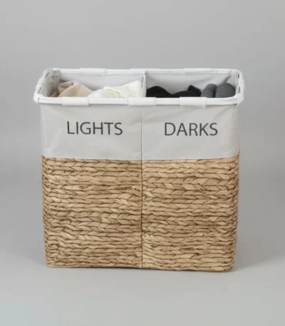 Wicker Print Lights and Darks Laundry Hamper Clothes Storage Bin Two Compartments - main product view