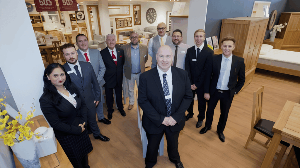 Oak furniture displayed in a showroom following the opening of a new store in Wales