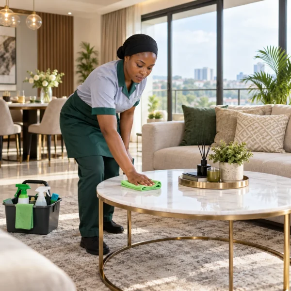 Black professional cleaner wiping a coffee table in a modern furnished living room
