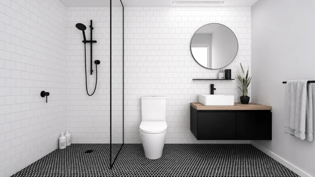 Small bathroom decoration ideas featuring a stylish, space-saving bathroom design.