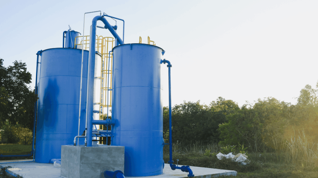 Water tank installation for swimming pools with proper plumbing, storage, and efficient water management