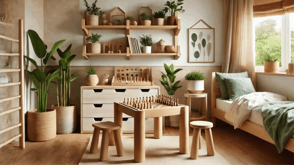 A modern kids' room furnished with eco-friendly wooden furniture, sustainable décor, and colorful accents, creating a safe, stylish, and environmentally conscious space.