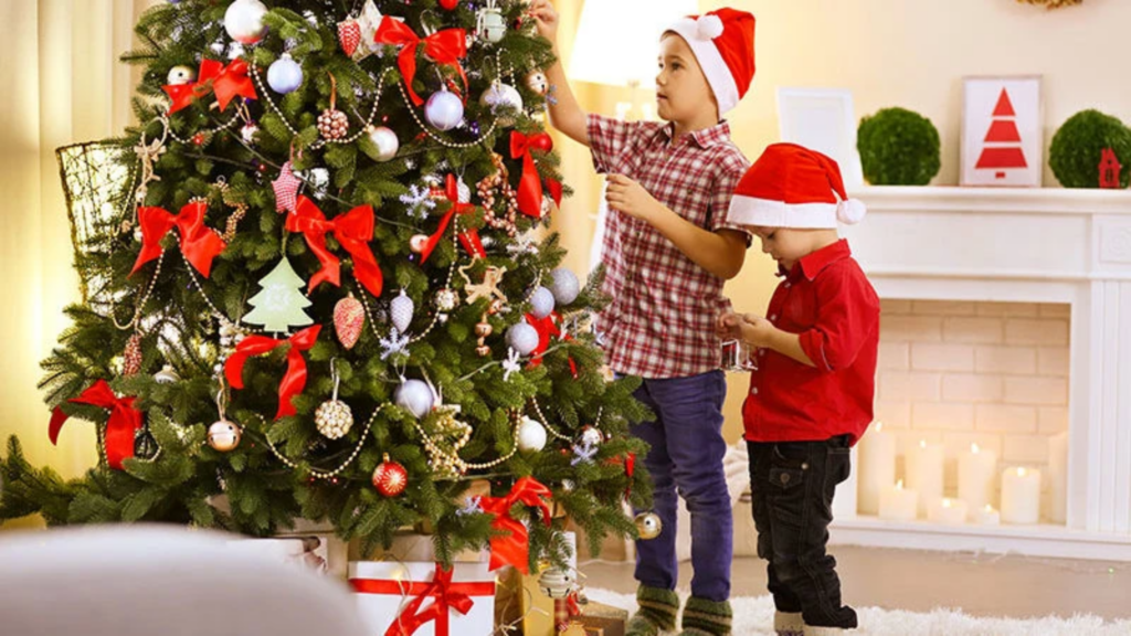 A beautifully decorated Christmas tree adorned with ornaments, twinkling lights, ribbons, and festive decorations in a warm and inviting living room.