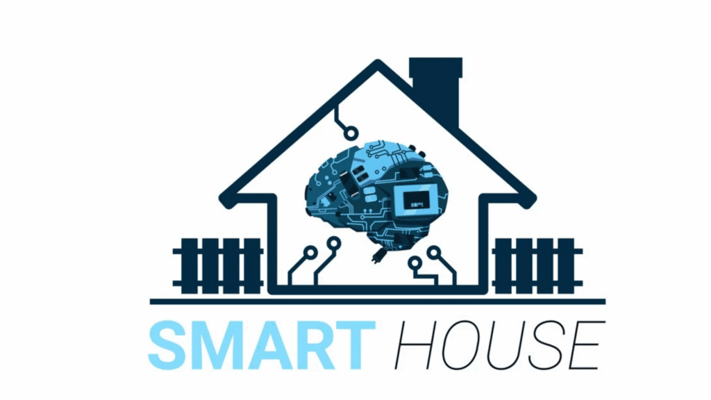 A modern home featuring smart security technology, including a video doorbell, security cameras, smart locks, motion sensors, and a connected home security system.