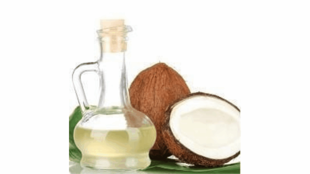 A bottle of coconut oil alongside fresh coconuts, coconut pieces, and natural household ingredients arranged in a bright, clean home setting.