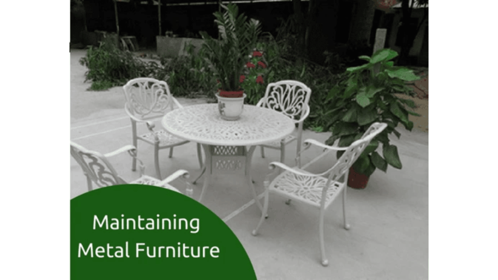 Five tips for maintaining metal furniture, including regular cleaning, moisture protection, rust prevention, and proper care.