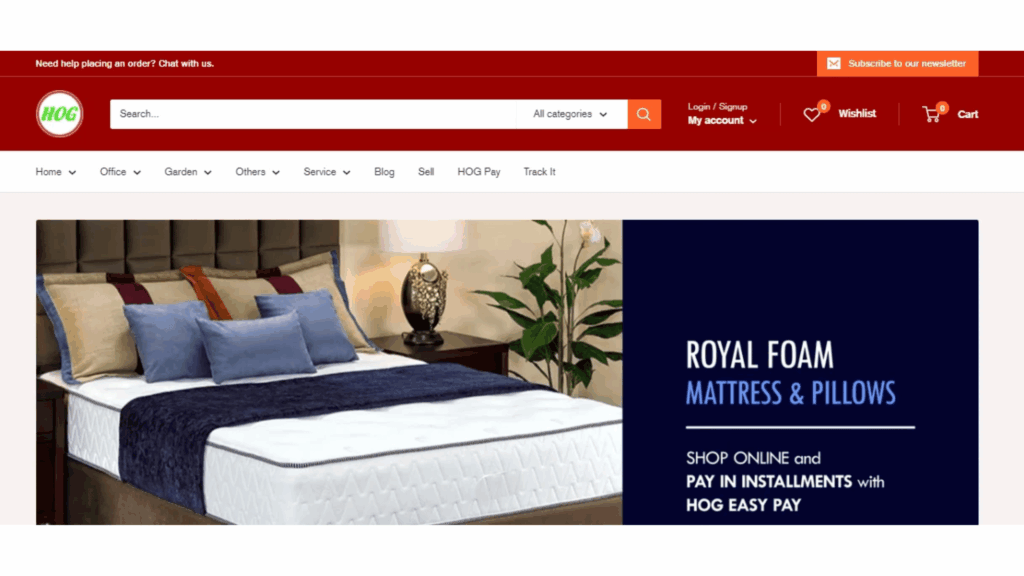 Online furniture shopping showcasing sofas, tables, chairs, beds, and home furnishings available through a convenient digital store.