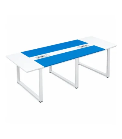 10-Seater Conference Table – white conference table with blue centre panels and open metal legs