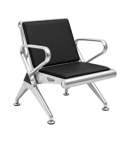 Black Single-Seat Stainless-Steel Airport Bench with Leather Cushion – black cushioned single airport seat on a stainless-steel beam frame