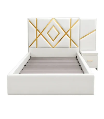 4 × 6 ft Royal Bed Frame with Bedside Unit – white bed frame with geometric gold-accented headboard and bedside unit