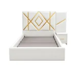 4.5 × 6 ft Royal Bed Frame with Bedside Unit – white bed frame with geometric gold-accented headboard and bedside unit