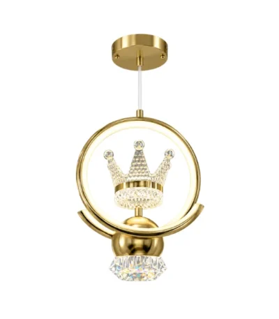 Single Led Pendant Light – 500 mm – gold-tone circular pendant with crown-shaped crystal centre