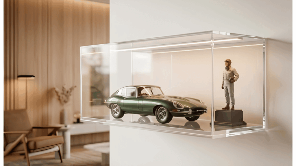 Acrylic display case showcasing collectibles in a stylish home interior