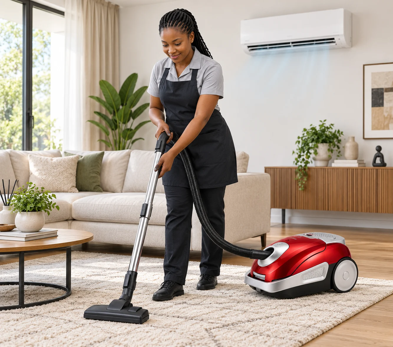 Black professional cleaner vacuuming a modern living room with a wall-mounted air conditioner