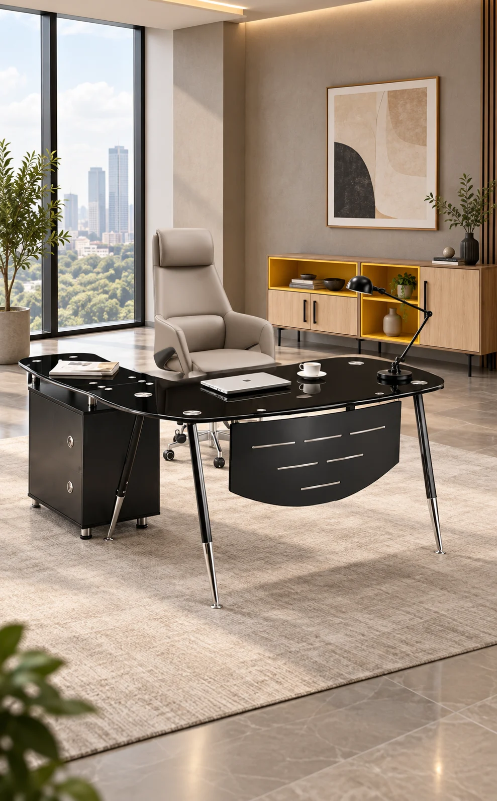 Black executive office desk with grey chair and mustard-accented wooden credenza